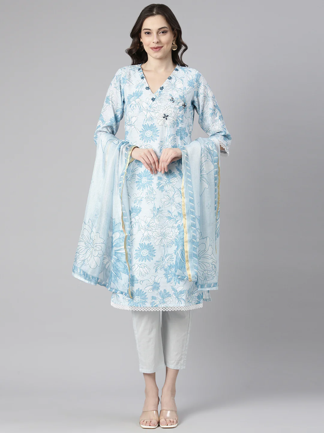 Neerus Blue Printed Straight Kurta and Trousers With Dupatta