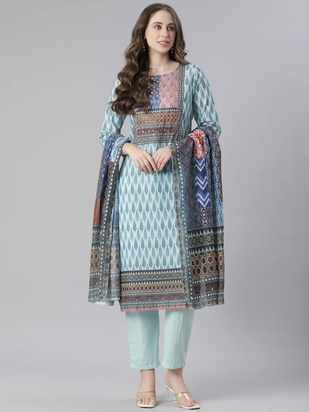 Neerus Blue Printed Straight Kurta and Trousers With Dupatta - Image 5
