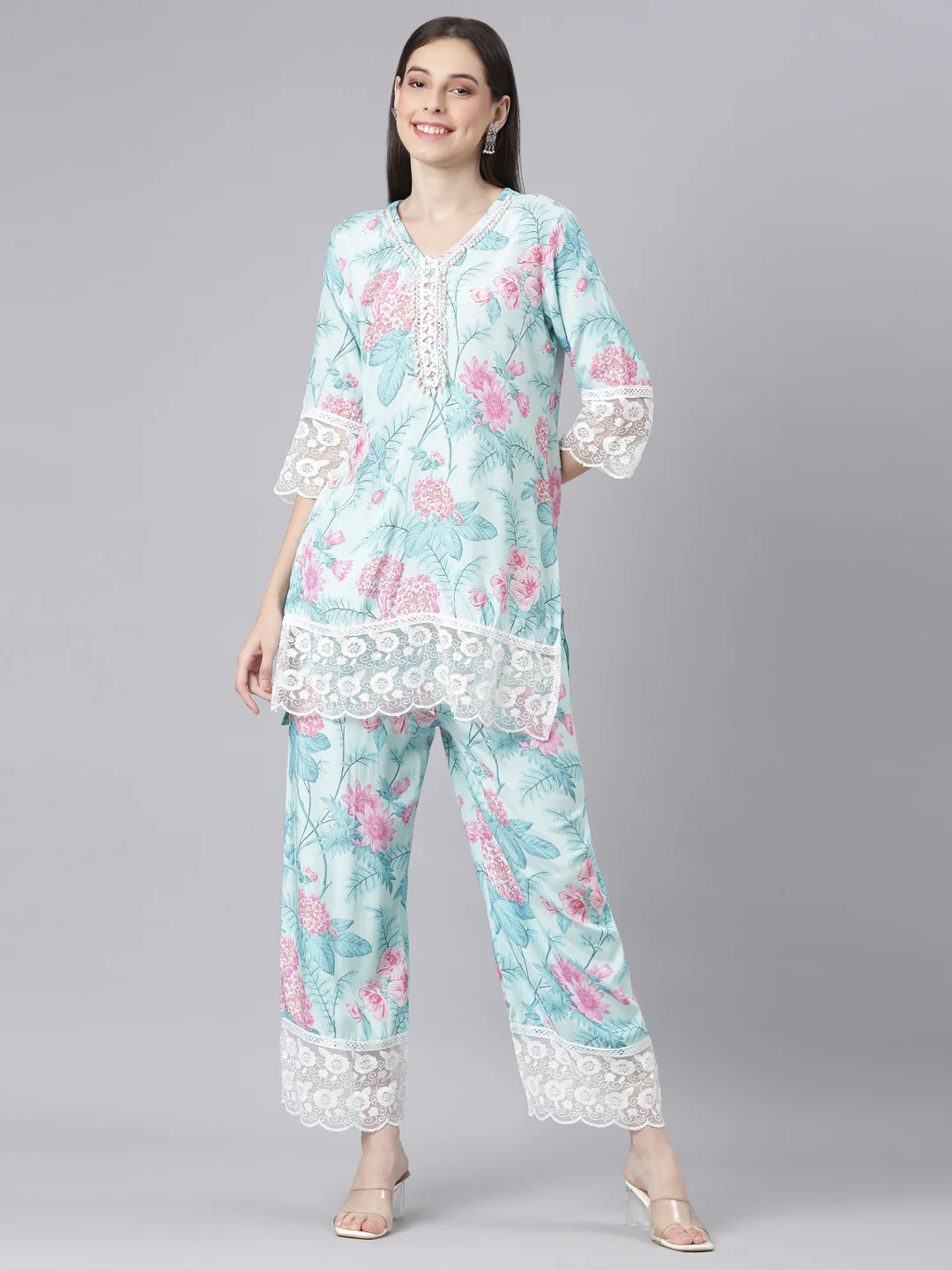 Neerus Blue Printed Straight Kurti and Trousers