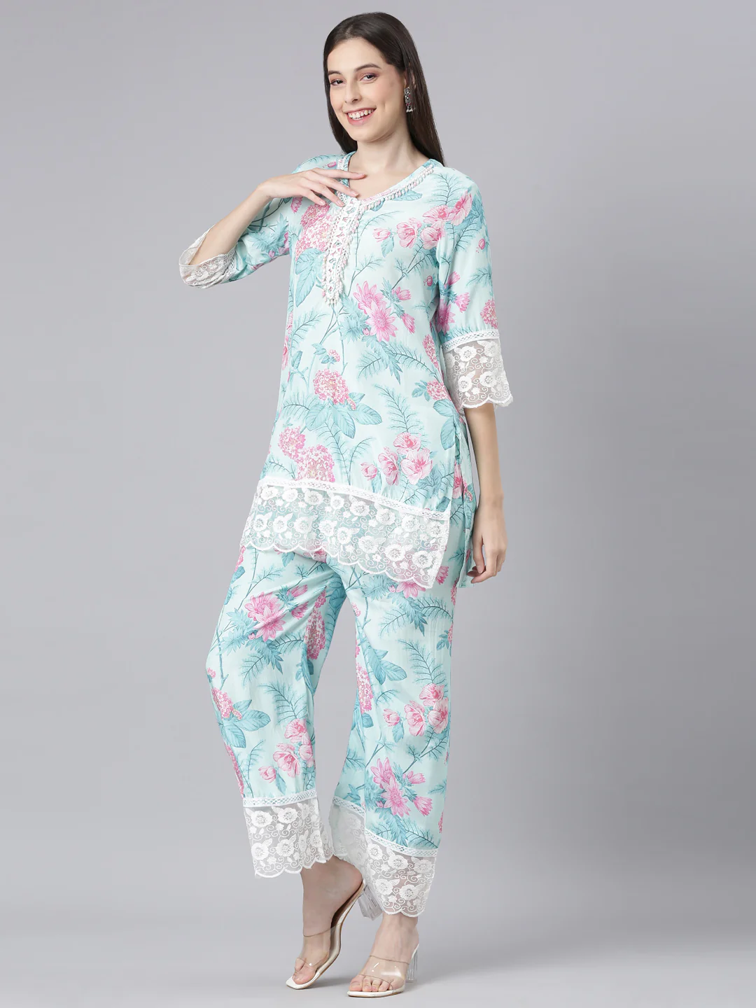 Neerus Blue Printed Straight Kurti and Trousers - Image 2