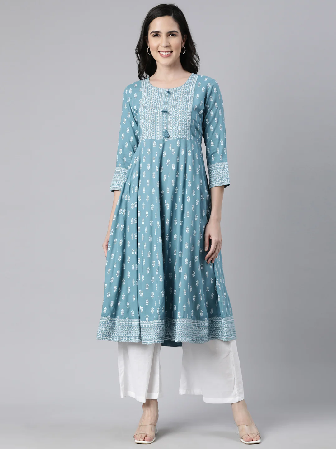 Neerus Blue Regular Anarkali Floral Kurta
