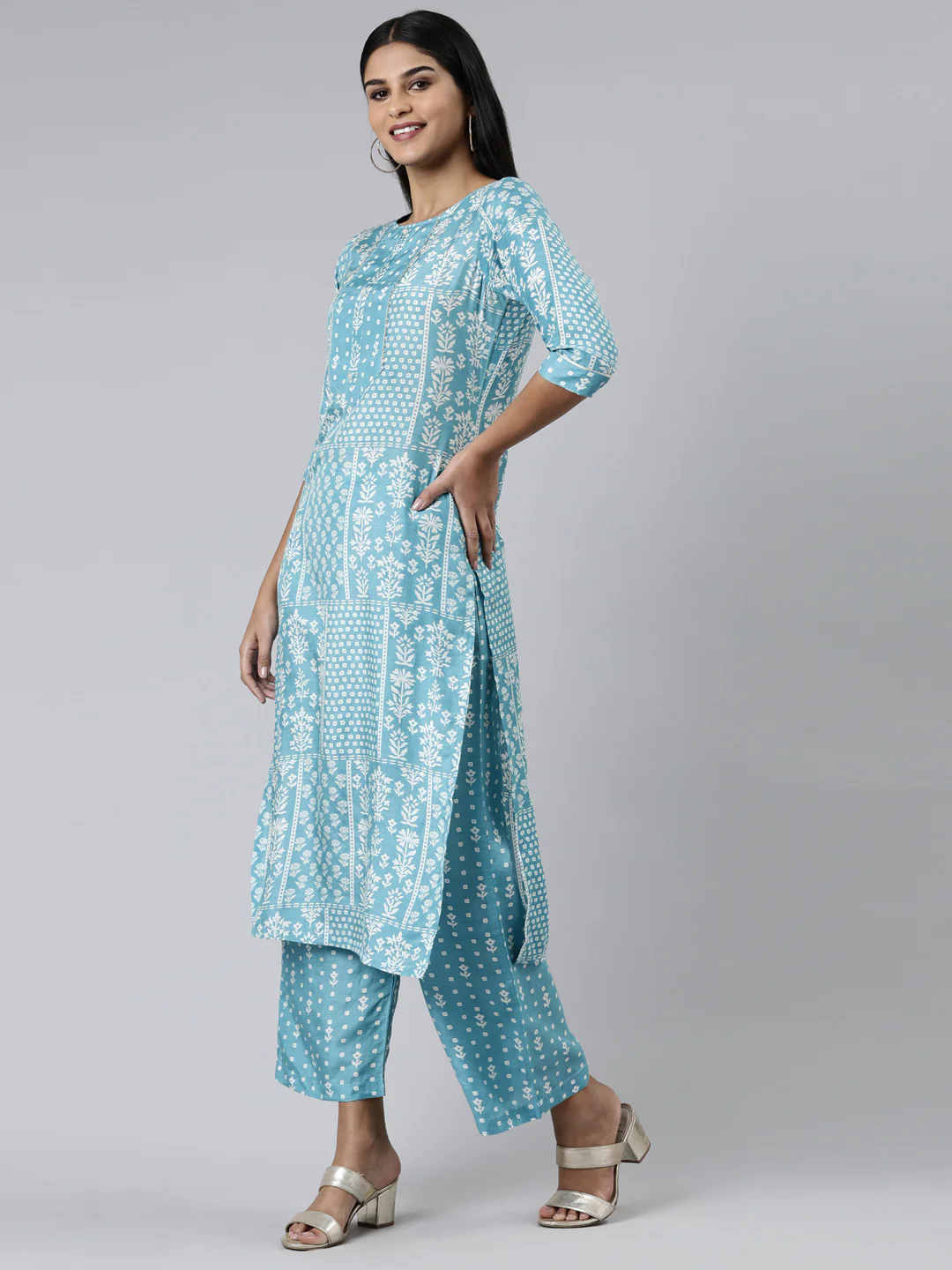 Neerus Blue Regular Calf Length Printed Kurta Printed Palazzos - Image 2