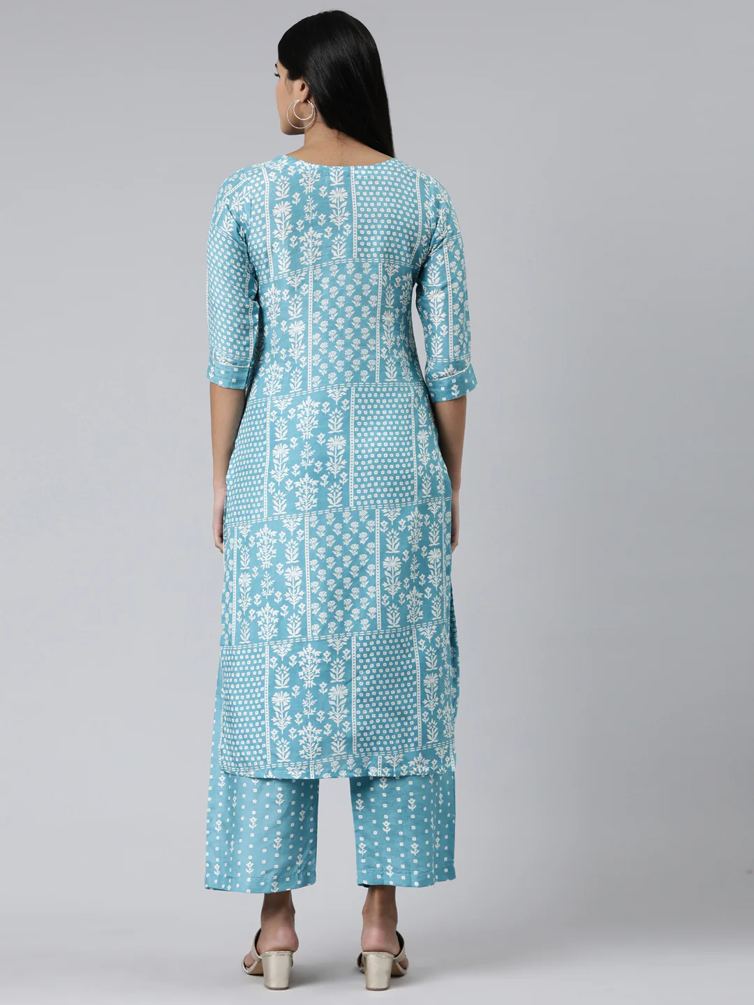 Neerus Blue Regular Calf Length Printed Kurta Printed Palazzos - Image 3