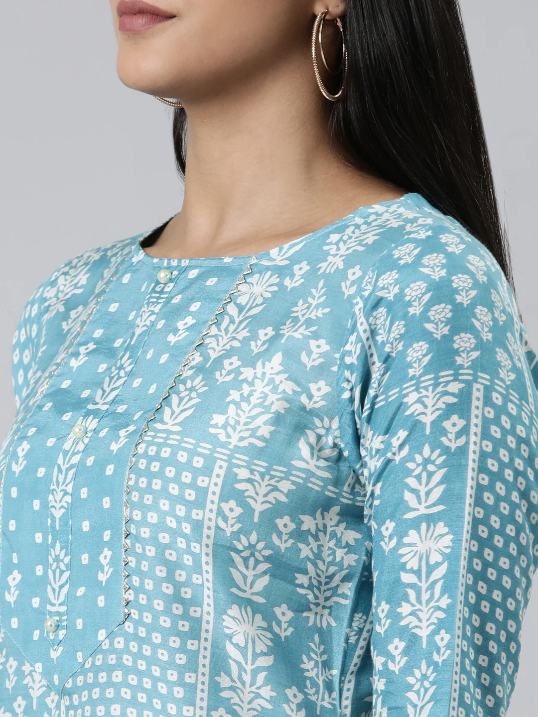 Neerus Blue Regular Calf Length Printed Kurta Printed Palazzos - Image 5