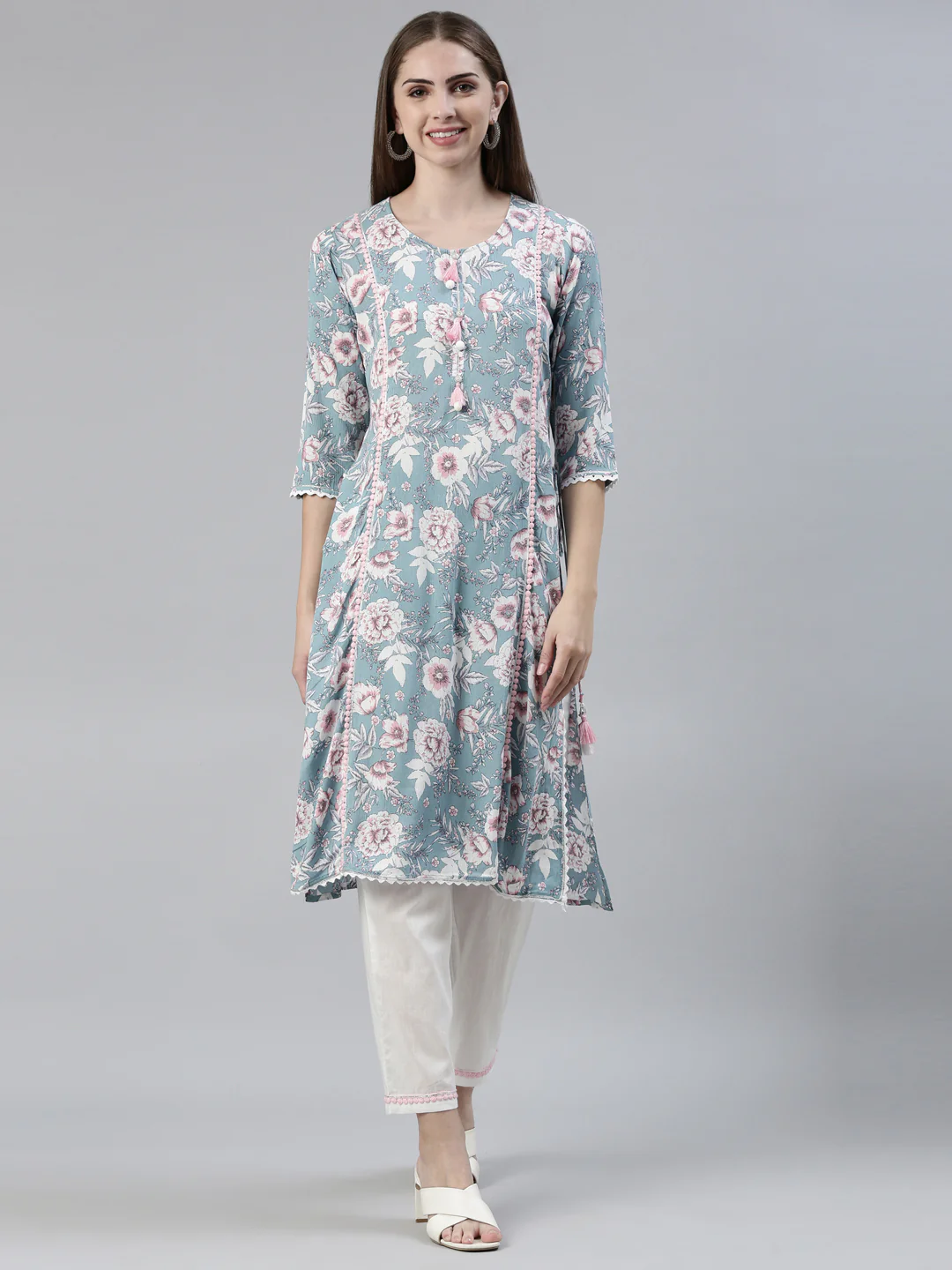 Neerus Blue Regular Knee Length Printed Kurta Solid Trousers