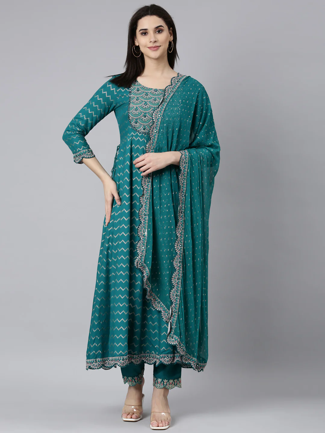 Neerus Blue Regular Straight Chevron Kurta And Trousers With Dupatta - Image 5