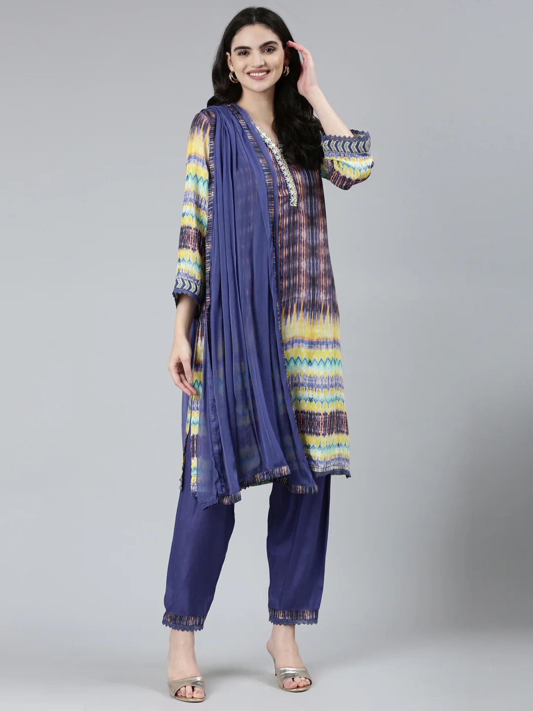 Neerus Blue Regular Straight Chevron Kurta Sets And Trousers With Dupatta - Image 5