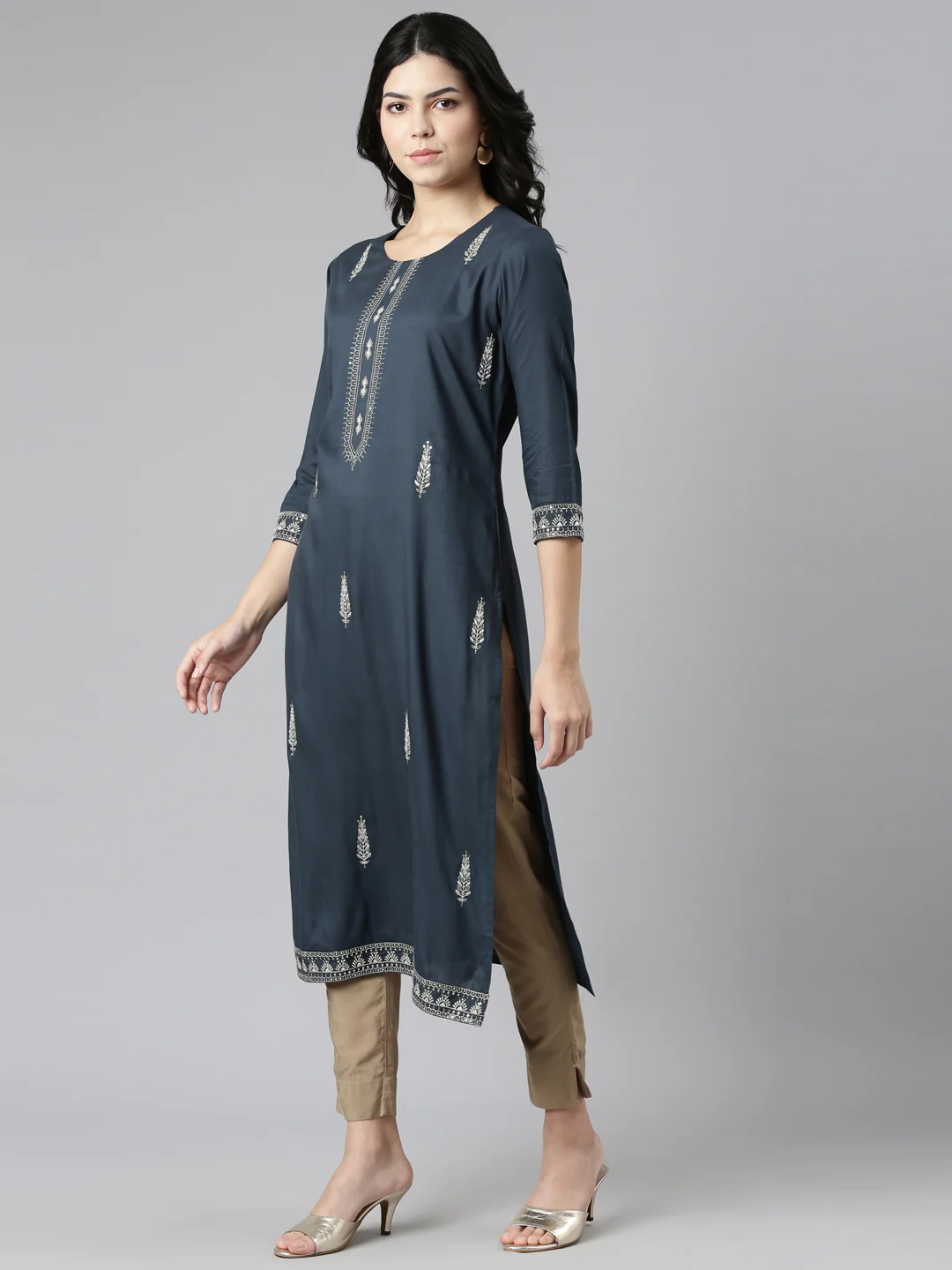 Neerus Blue Regular Straight Embroidered Kurta - Image 2