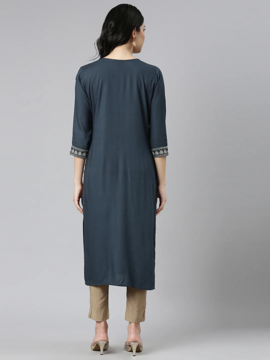 Neerus Blue Regular Straight Embroidered Kurta - Image 3