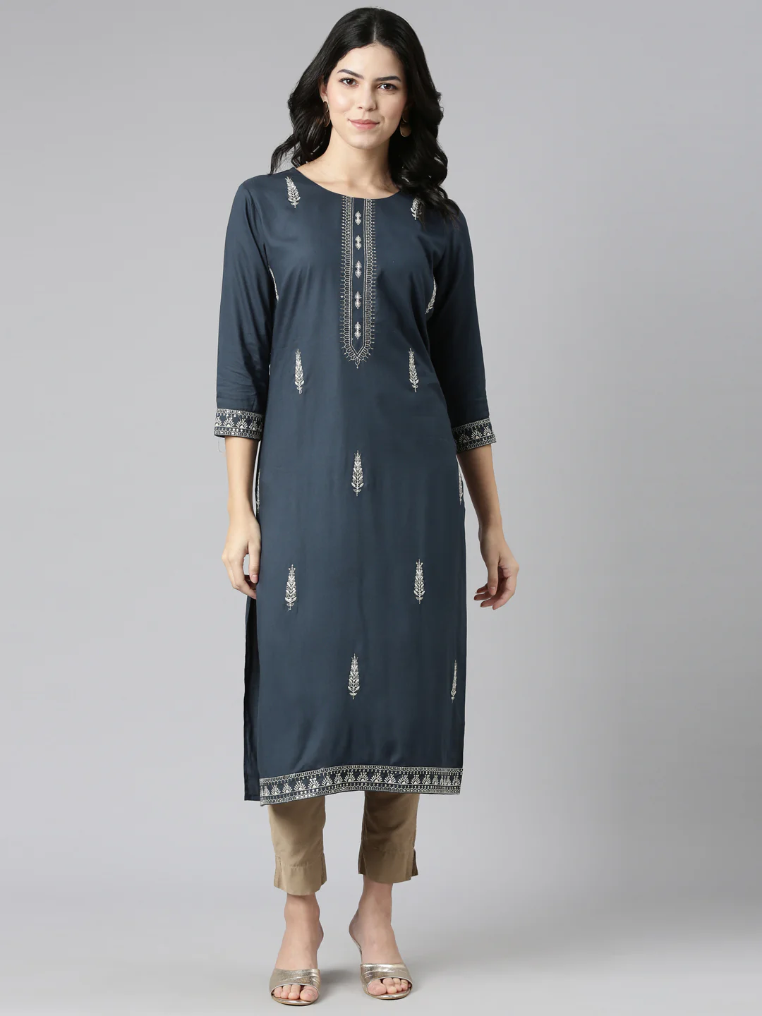 Neerus Blue Regular Straight Embroidered Kurta - Image 5