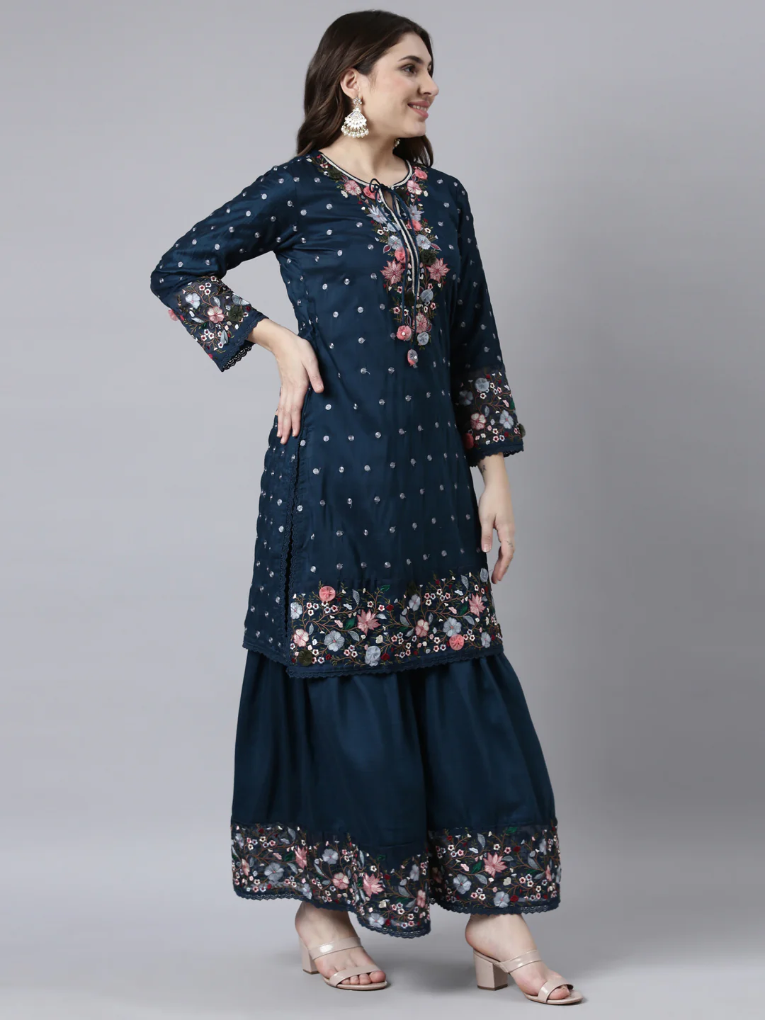 Neerus Blue Regular Straight Floral Kurta And Sharara With Dupatta - Image 2