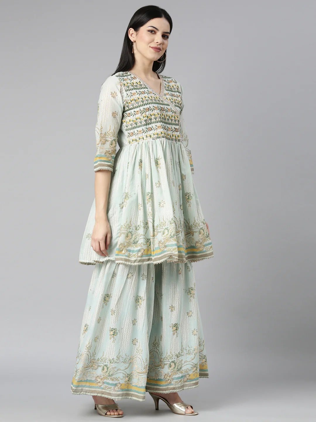 Neerus Blue Regular Straight Floral Kurta And Sharara With Dupatta - Image 2