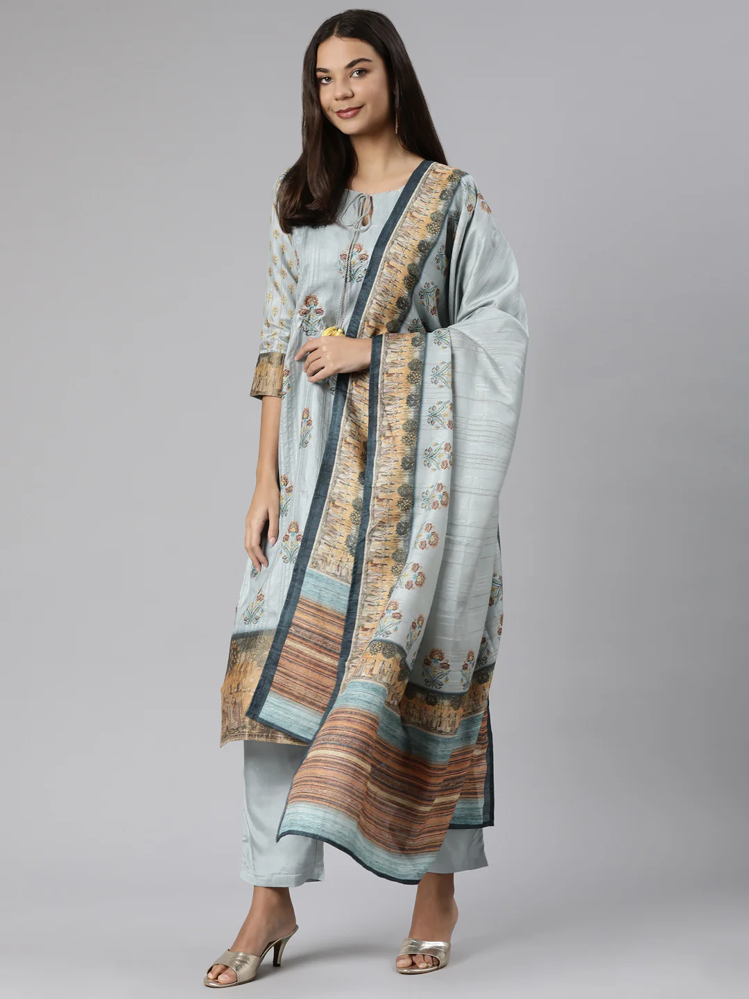 Neerus Blue Regular Straight Floral Kurta And Trousers With Dupatta - Image 5