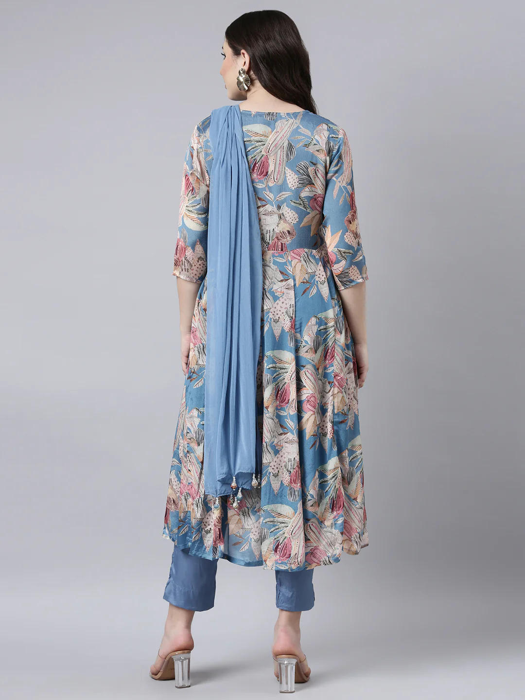 Neerus Blue Regular Straight Floral Kurta And Trousers With Dupatta - Image 3