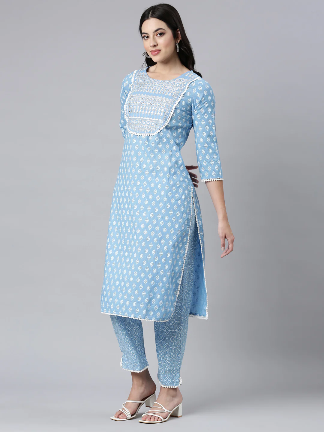 Neerus Blue Regular Straight Floral Kurta And Trousers With Dupatta - Image 2