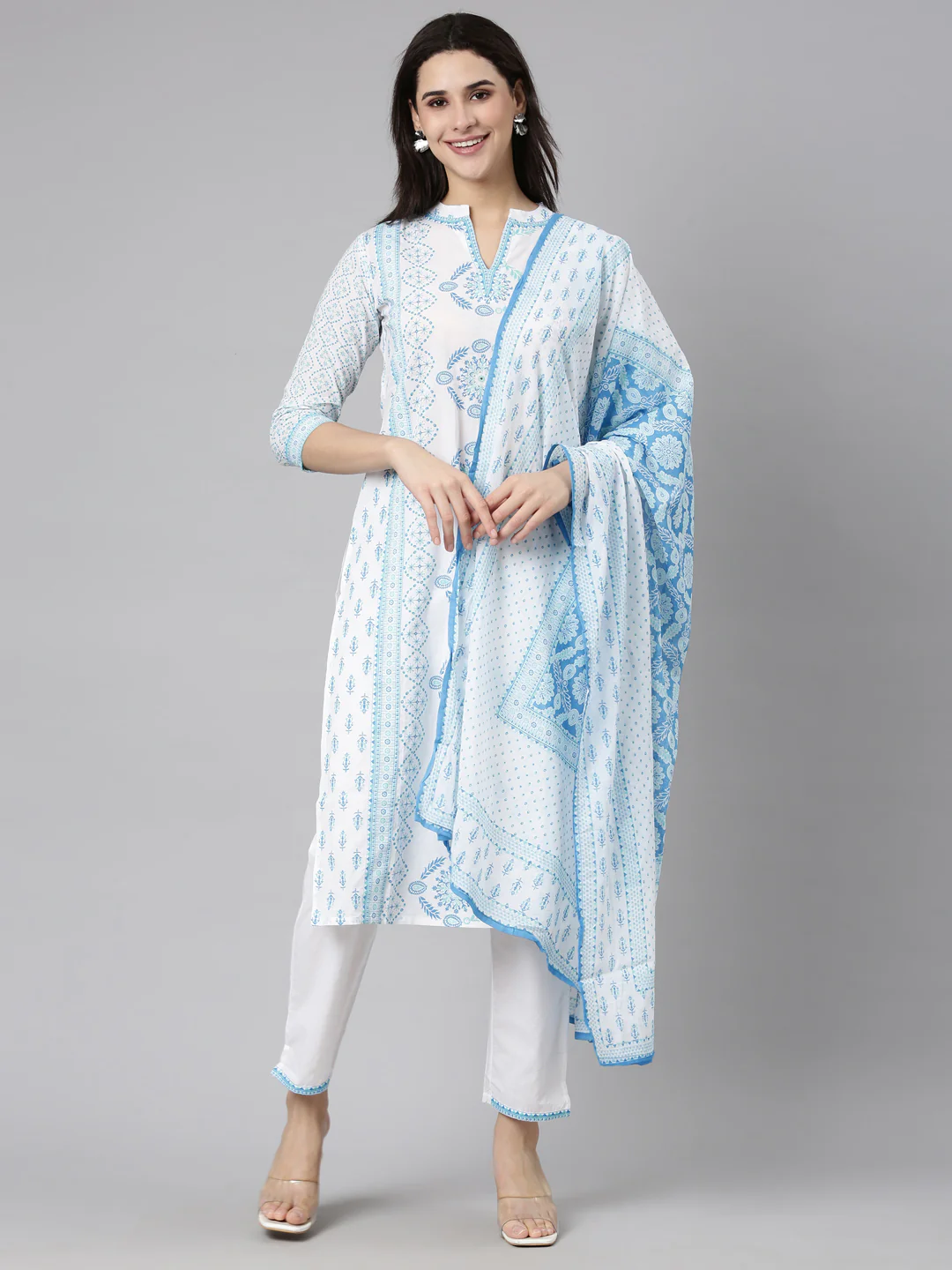 Neerus Blue Regular Straight Floral Kurta And Trousers With Dupatta