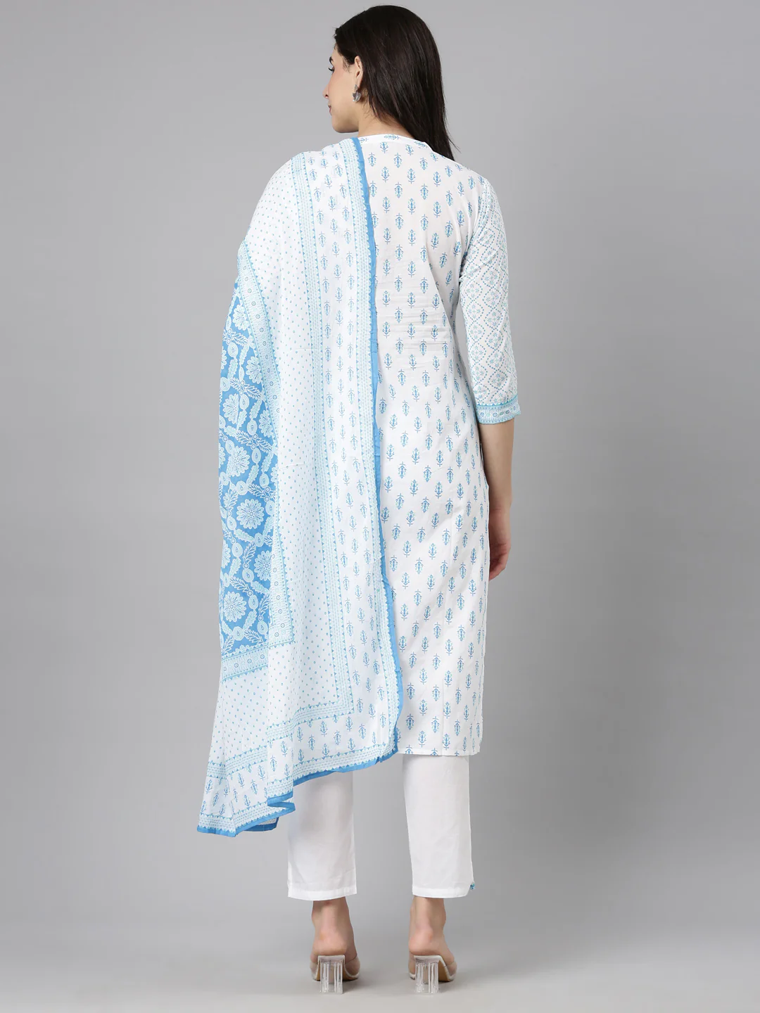 Neerus Blue Regular Straight Floral Kurta And Trousers With Dupatta - Image 3