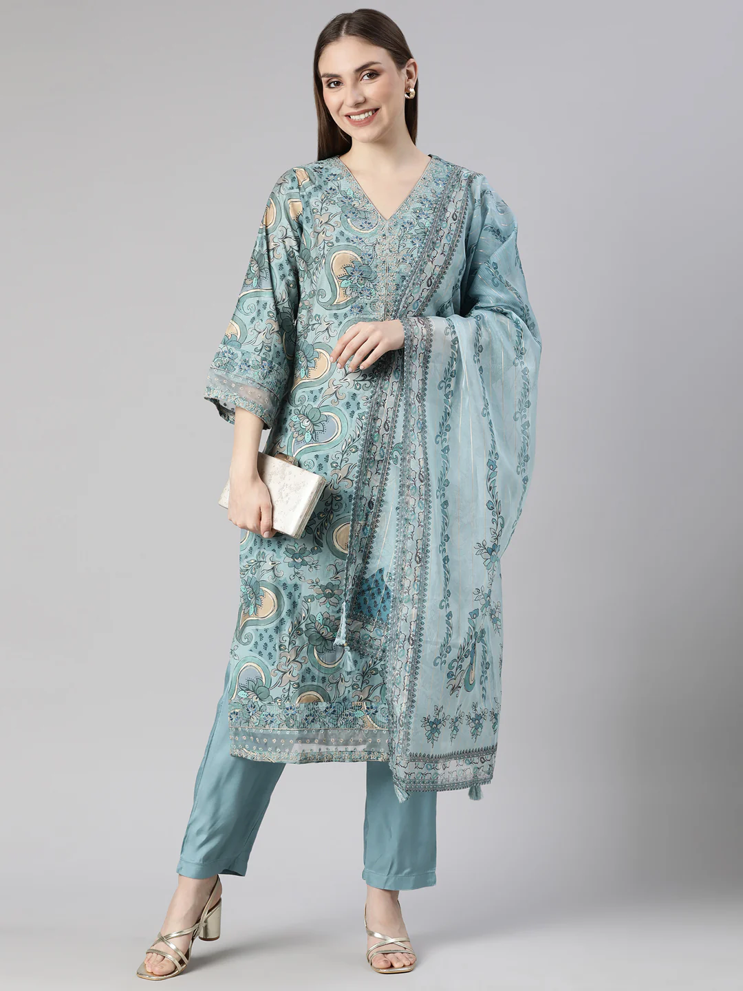 Neerus Blue Regular Straight Floral Kurta And  Trousers With Dupatta - Image 5