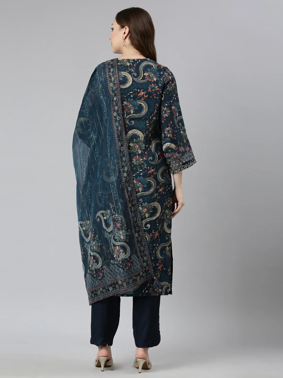 Neerus Blue Regular Straight Floral Kurta And Trousers With Dupatta - Image 3