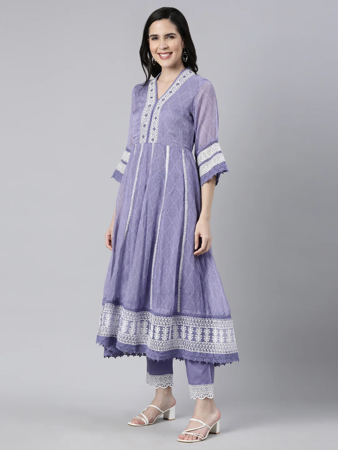 Neerus Blue Regular Straight Floral Kurta And  Trousers With Dupatta - Image 2