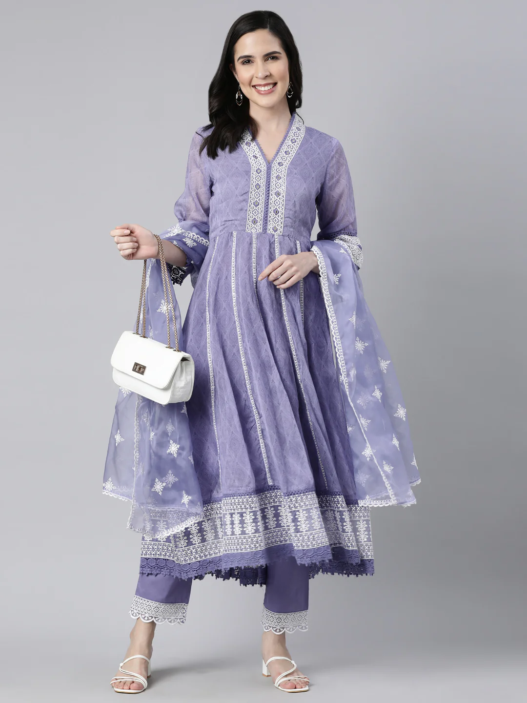 Neerus Blue Regular Straight Floral Kurta And  Trousers With Dupatta - Image 4