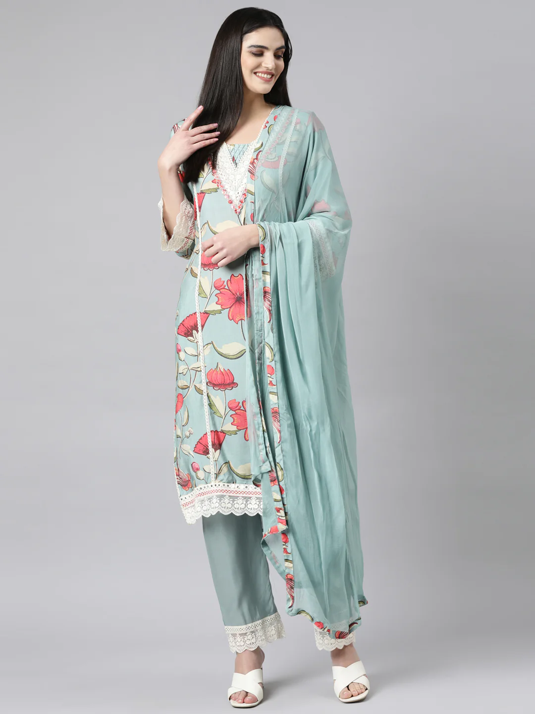 Neerus Blue Regular Straight Floral Kurta And Trousers With Dupatta - Image 5