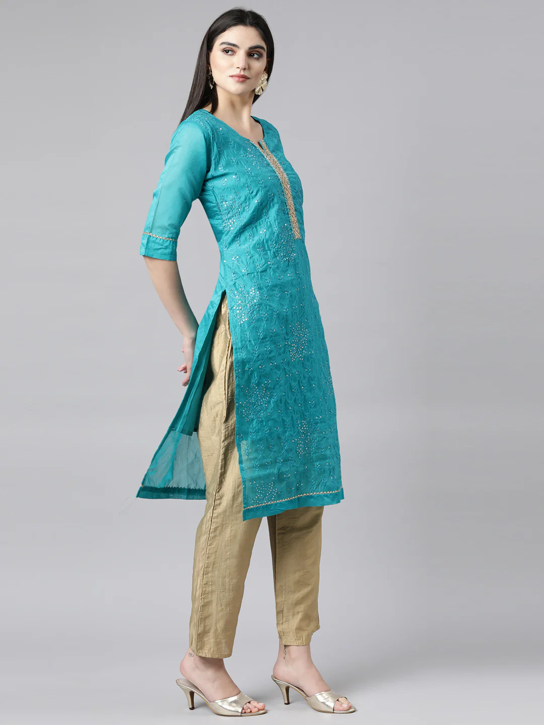 Neerus Blue Regular Straight Floral Kurta And Trousers With Dupatta - Image 2