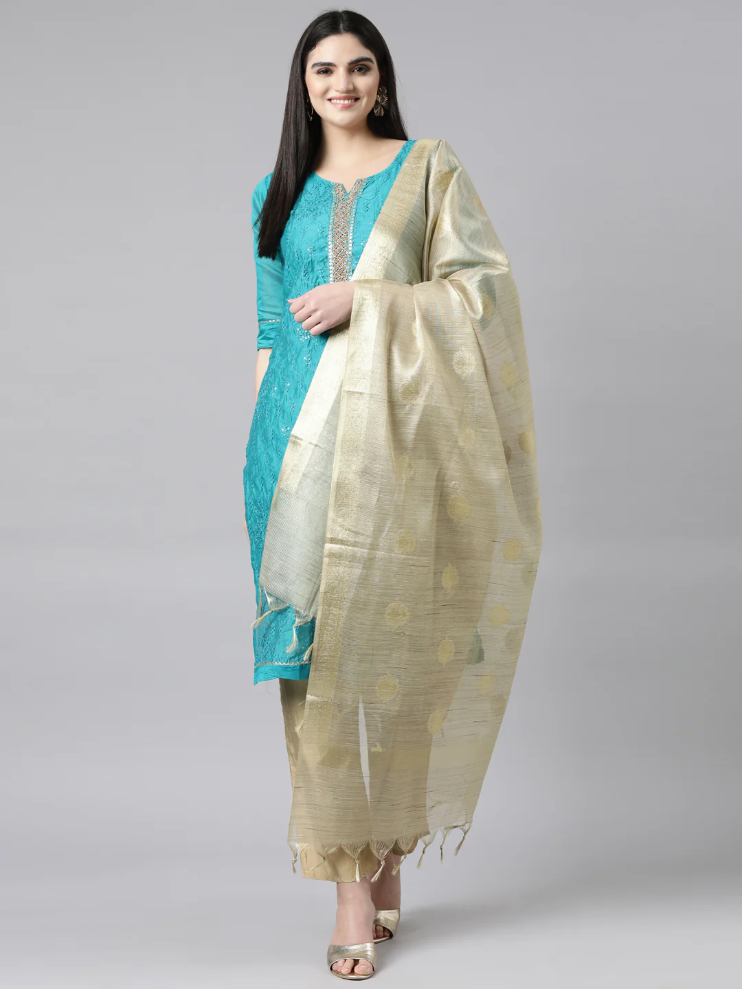 Neerus Blue Regular Straight Floral Kurta And Trousers With Dupatta - Image 5