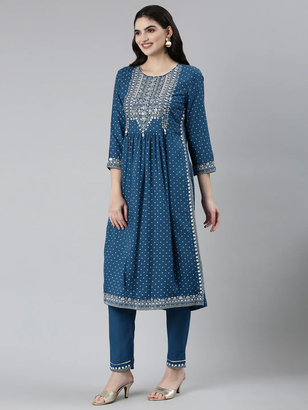 Neerus Blue Regular Straight Floral Kurta Sets And Trousers - Image 2