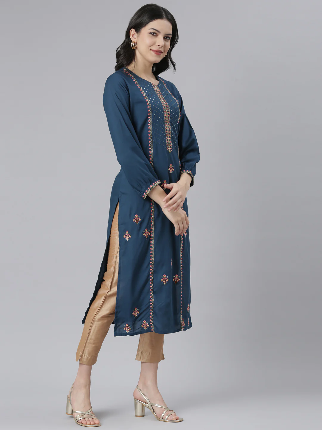 Neerus Blue Regular Straight Floral Kurta - Image 2