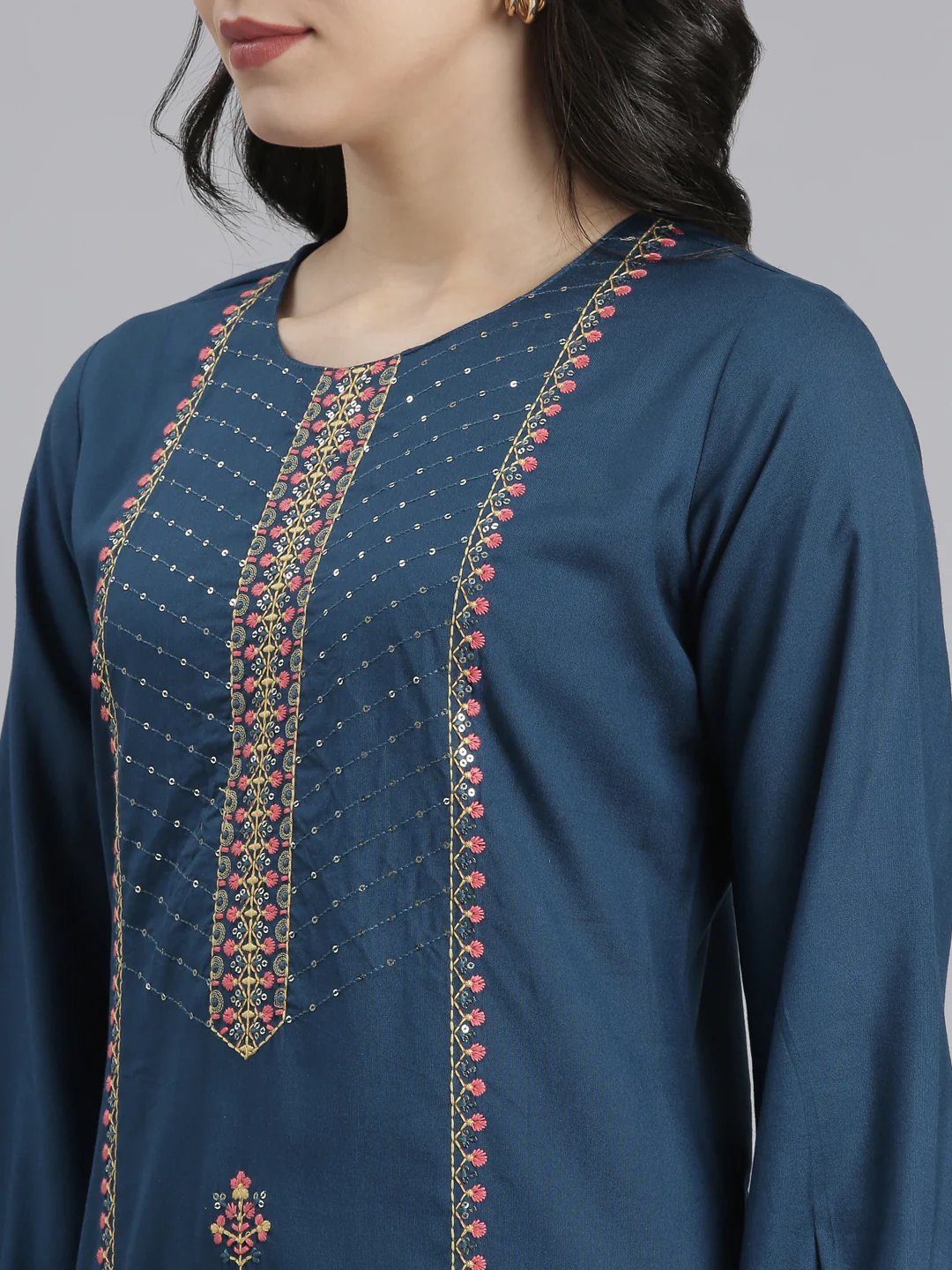 Neerus Blue Regular Straight Floral Kurta - Image 5