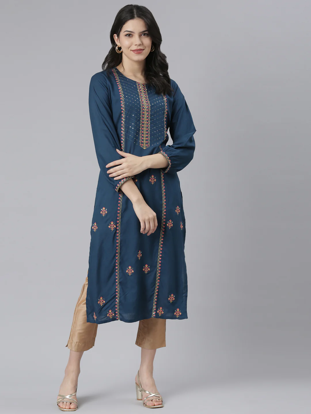 Neerus Blue Regular Straight Floral Kurta - Image 6