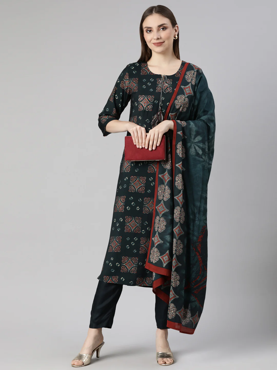 Neerus Blue Regular Straight Geometric Kurta And Trousers With Dupatta - Image 4