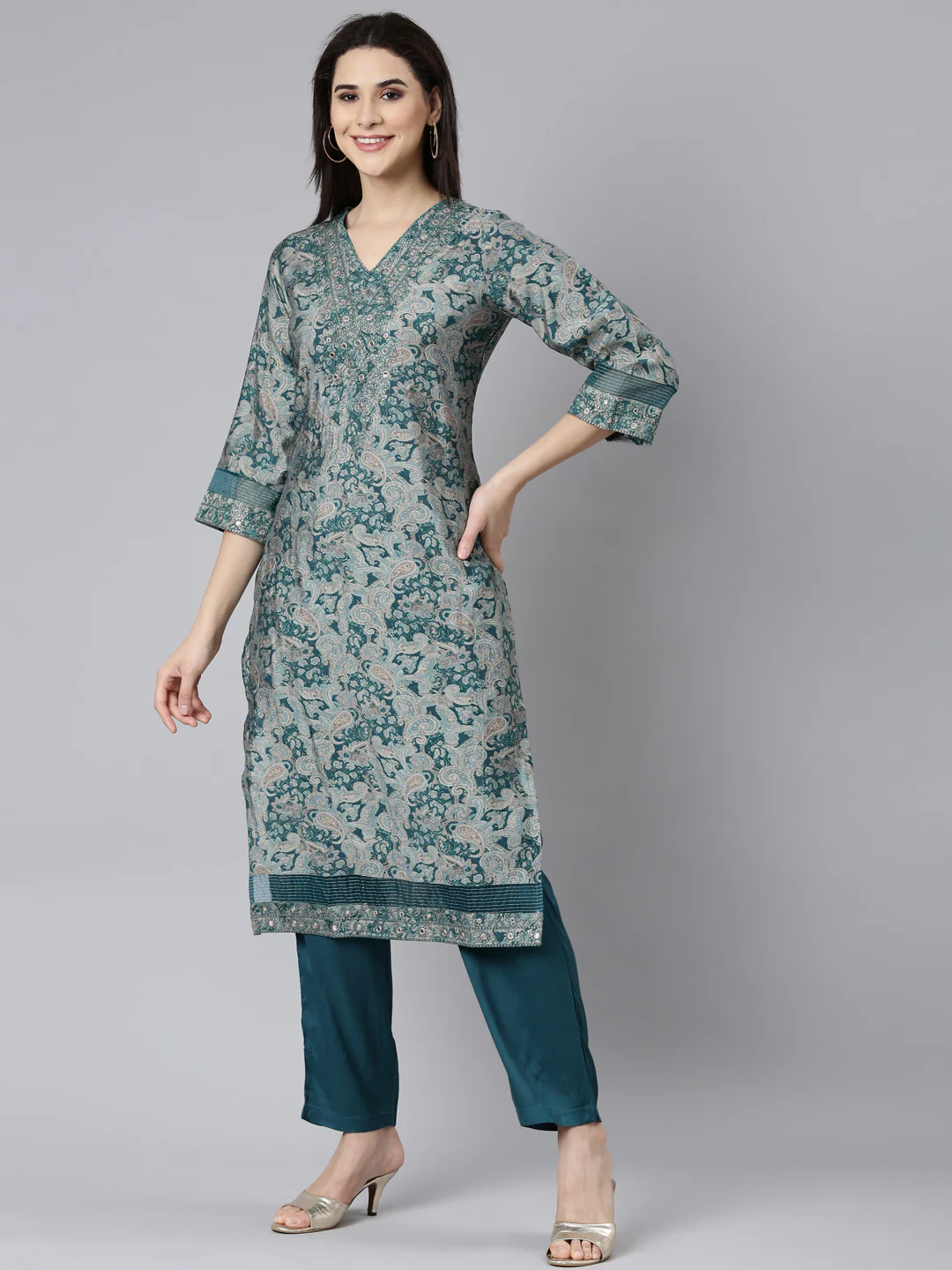 Neerus Blue Regular Straight Paisley Kurta And Trousers With Dupatta - Image 2