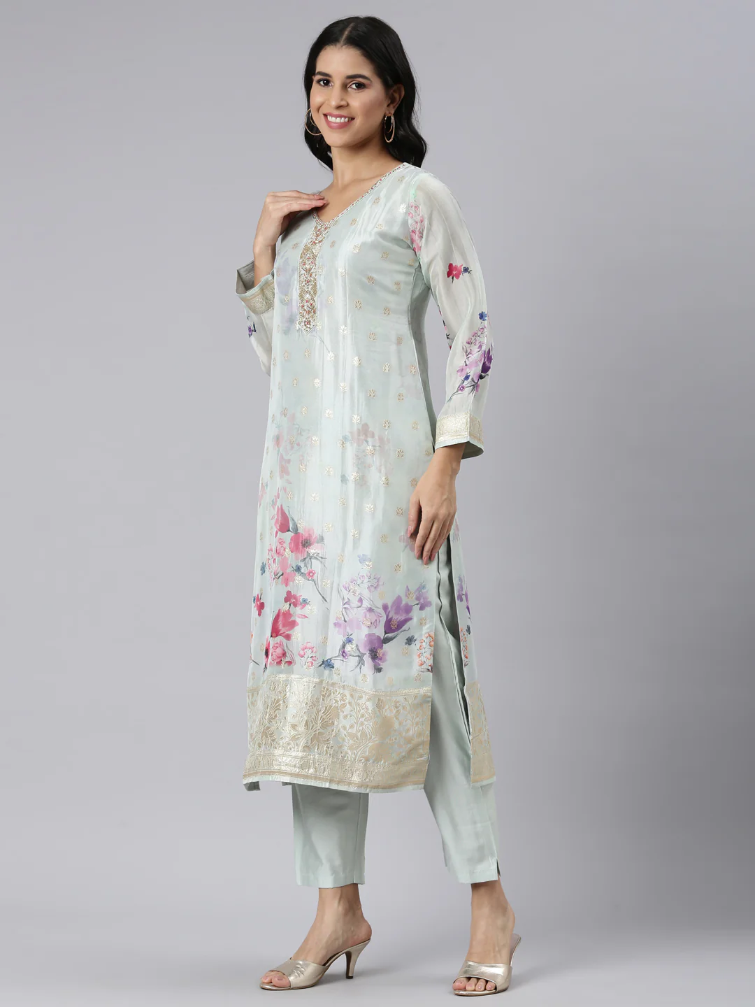 Neerus Blue Regular Straight Printed Kurta and Trousers With Dupatta - Image 2