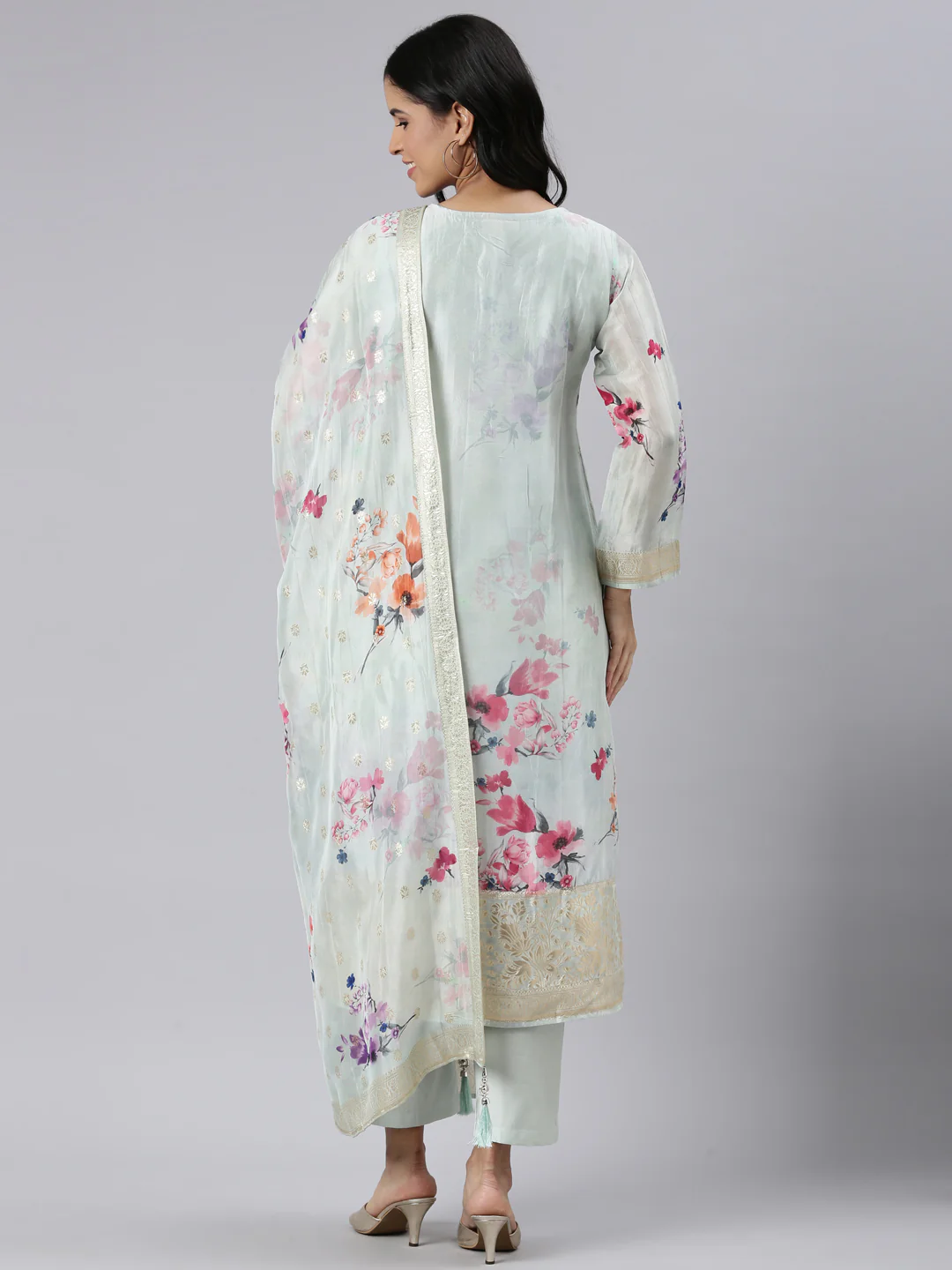 Neerus Blue Regular Straight Printed Kurta and Trousers With Dupatta - Image 3