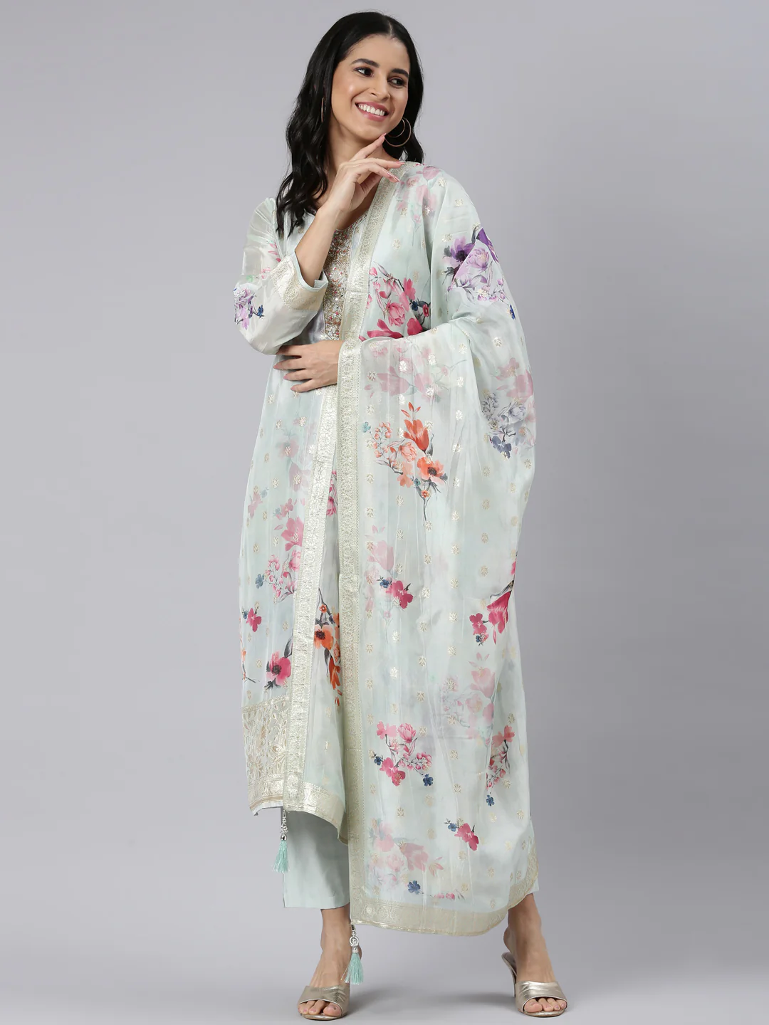 Neerus Blue Regular Straight Printed Kurta and Trousers With Dupatta - Image 5