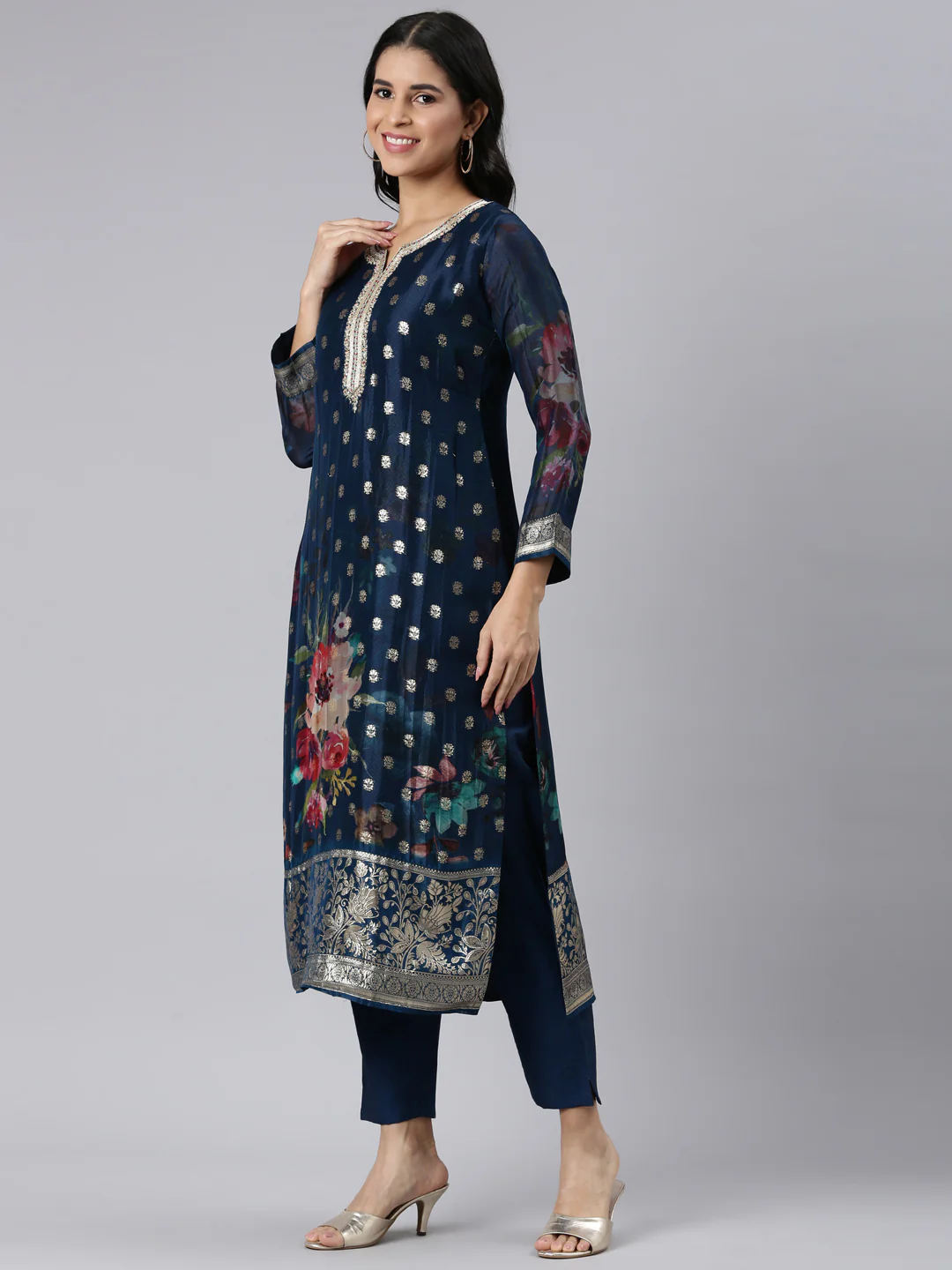 Neerus Blue Regular Straight Printed Kurta and Trousers With Dupatta - Image 2