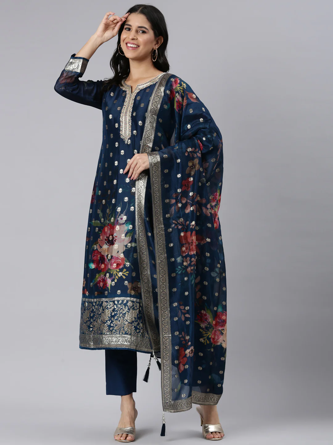 Neerus Blue Regular Straight Printed Kurta and Trousers With Dupatta - Image 5