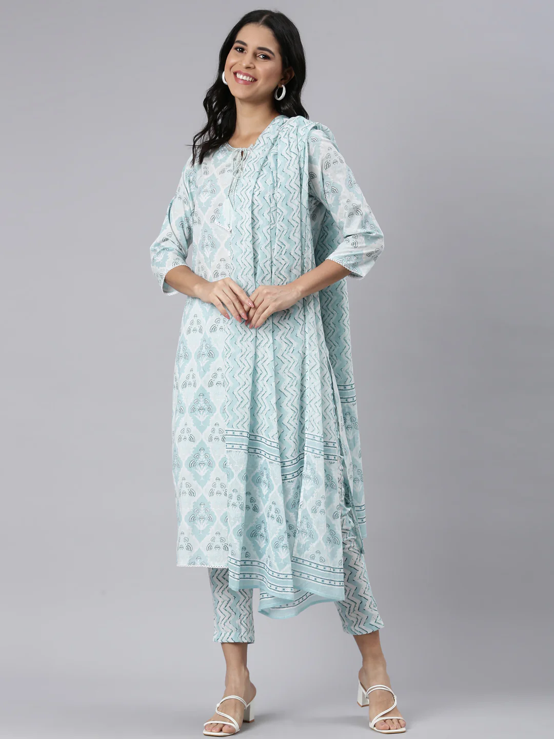 Neerus Blue Regular Straight Printed Kurta and Trousers With Dupatta - Image 5