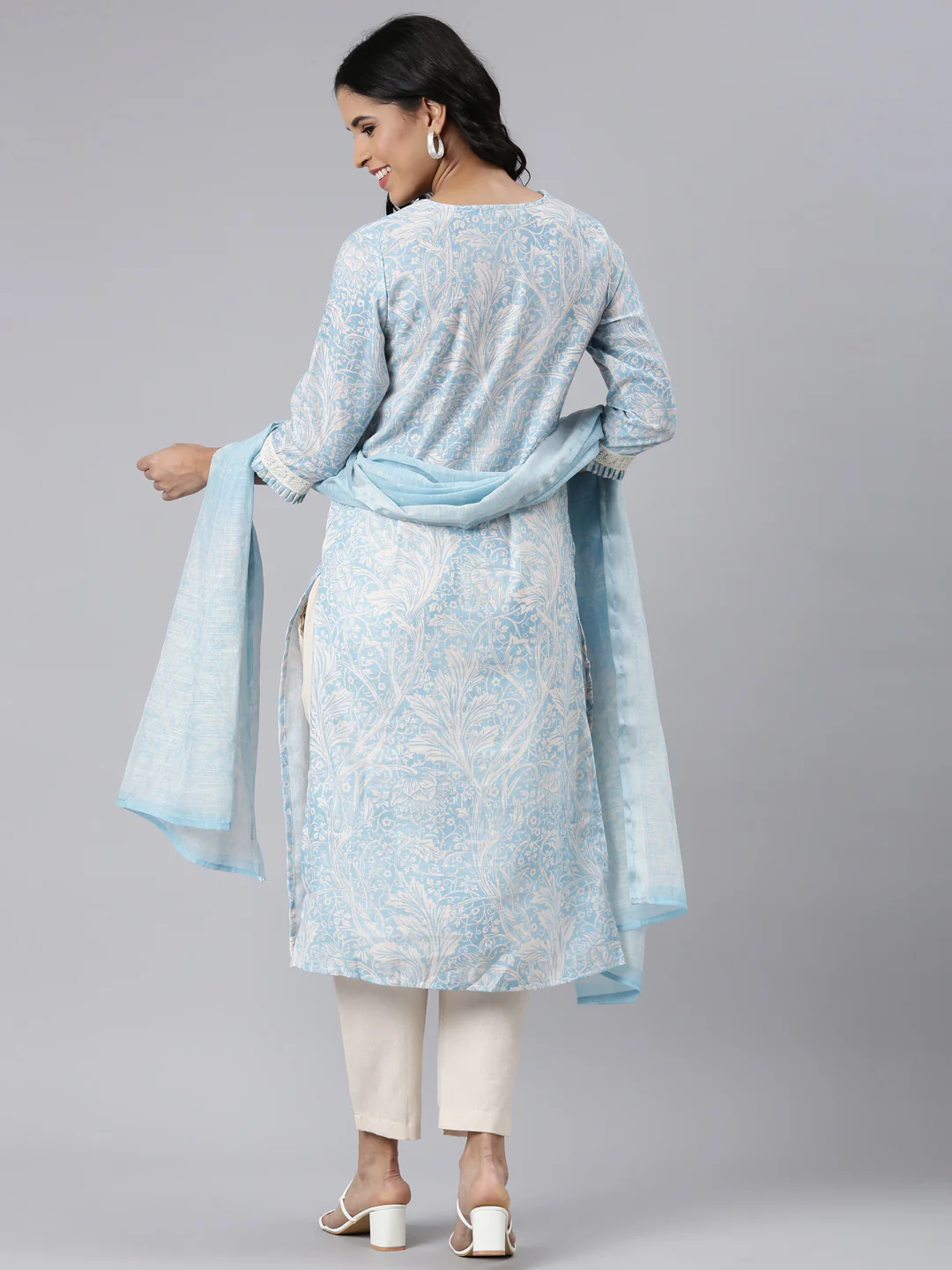 Neerus Blue Regular Straight Printed Kurta and Trousers With Dupatta - Image 3