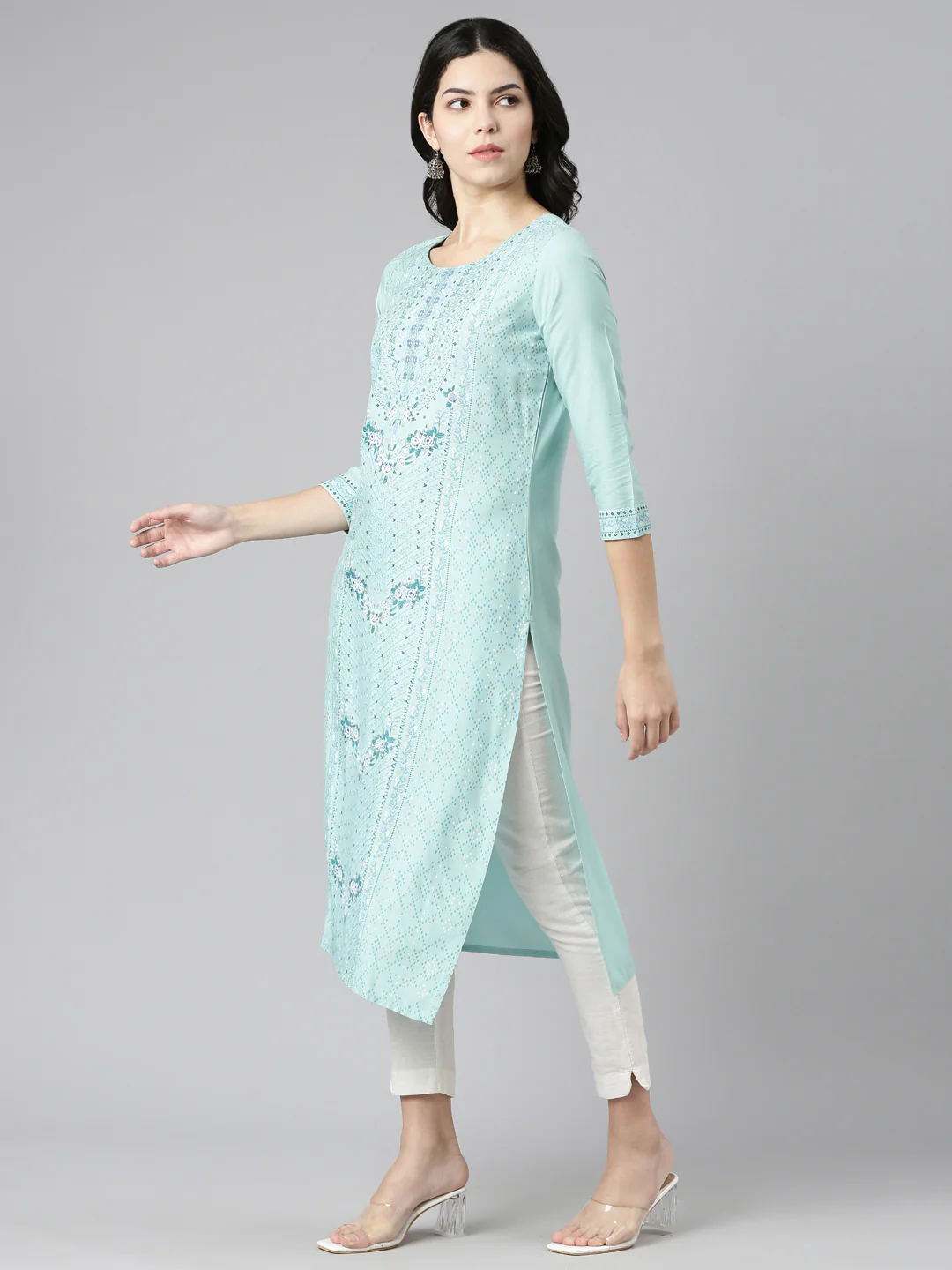 Neerus Blue Regular Straight Printed Kurta - Image 2