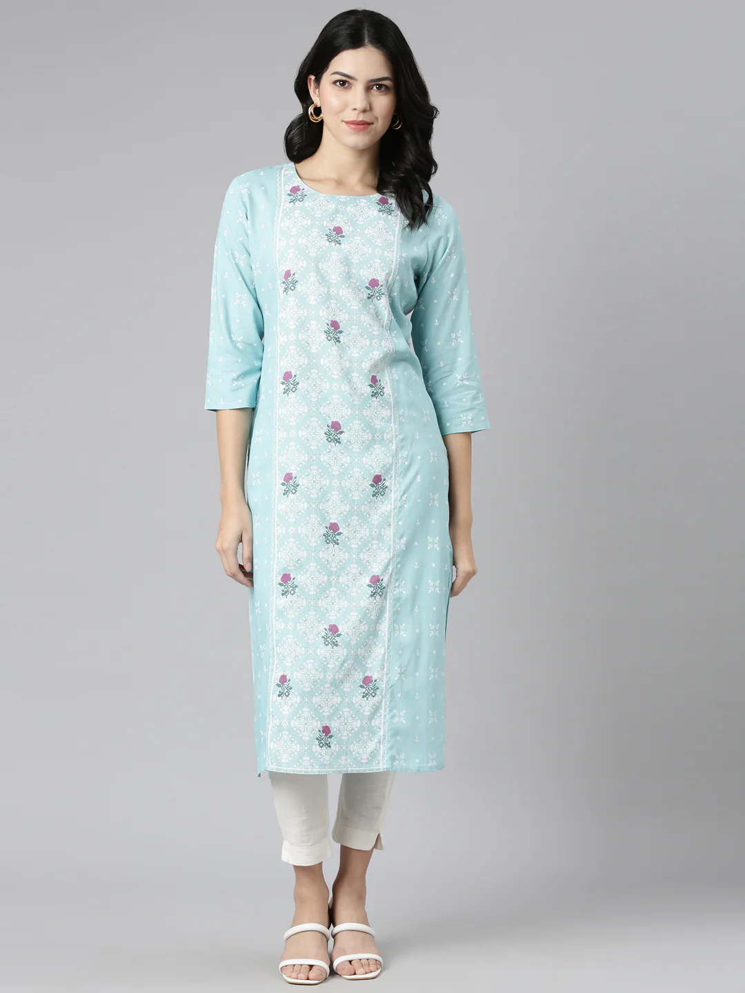 Neerus Blue Regular Straight Printed Kurta - Image 5