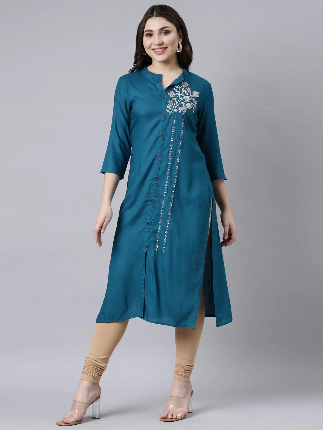 Neerus Blue Regular Straight Solid Kurta