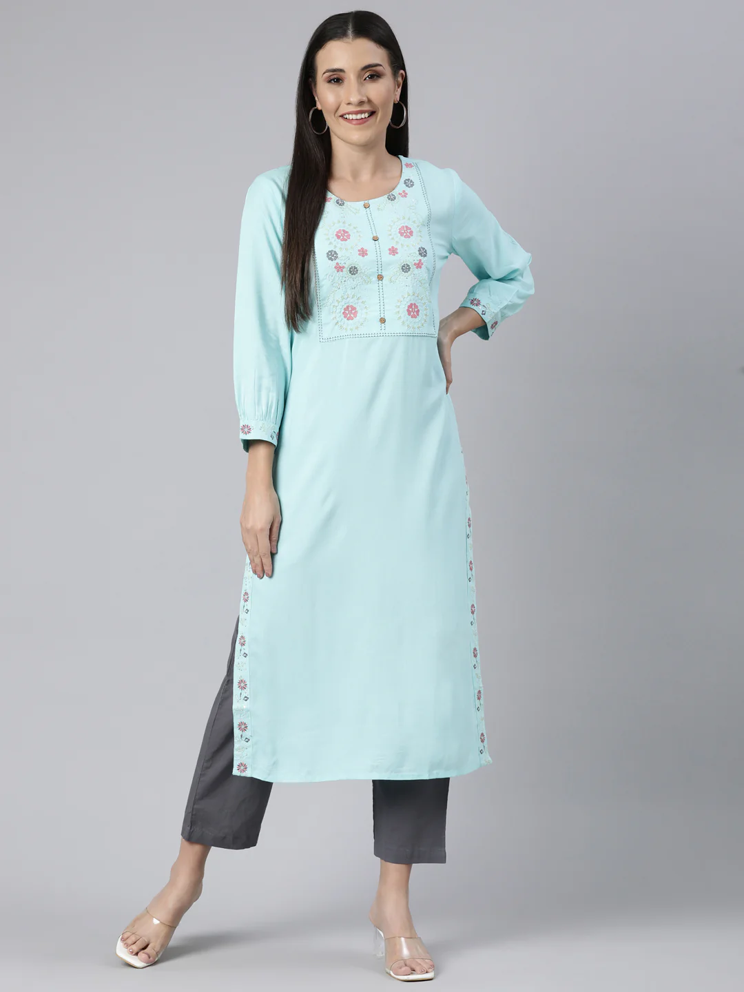Neerus Blue Regular Straight Solid Kurta - Image 4