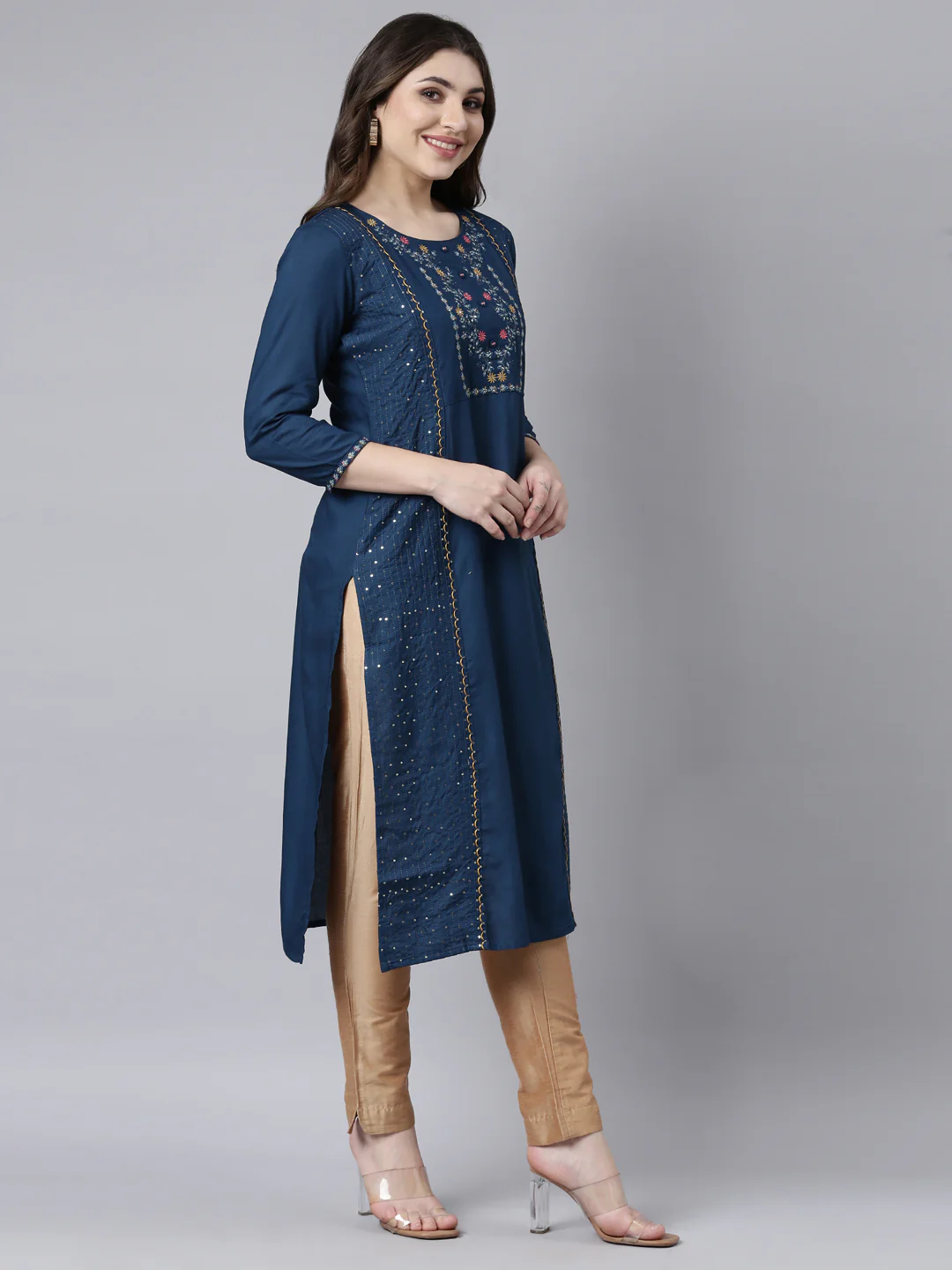 Neerus Blue Regular Straight Woven Design Kurta - Image 2