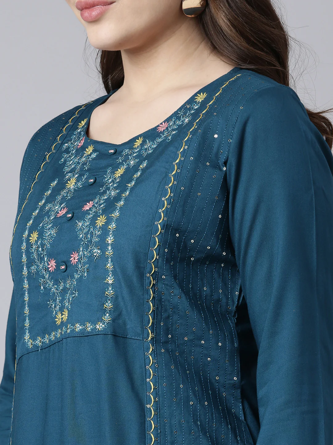 Neerus Blue Regular Straight Woven Design Kurta - Image 4
