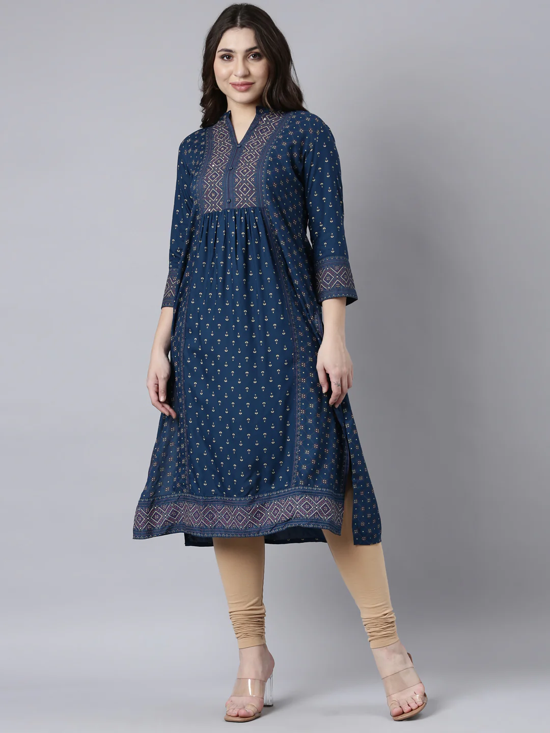 Neerus Blue Regular Straight Woven Design Kurta - Image 5