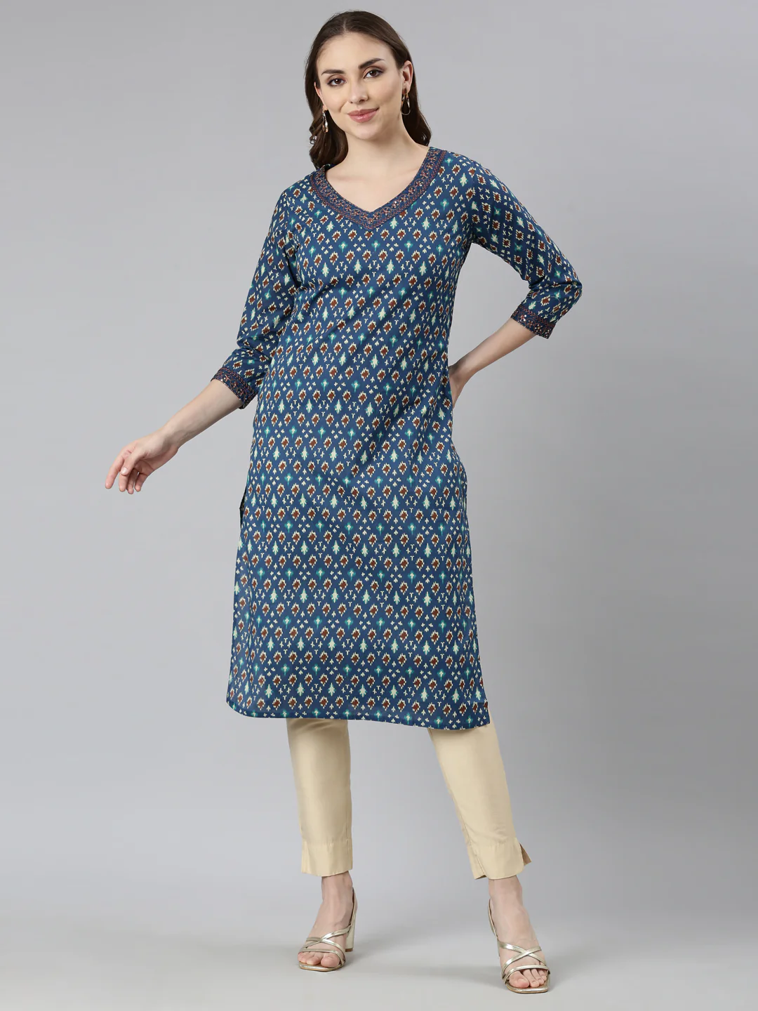 Neerus Blue Regular Straight Woven Design Kurta