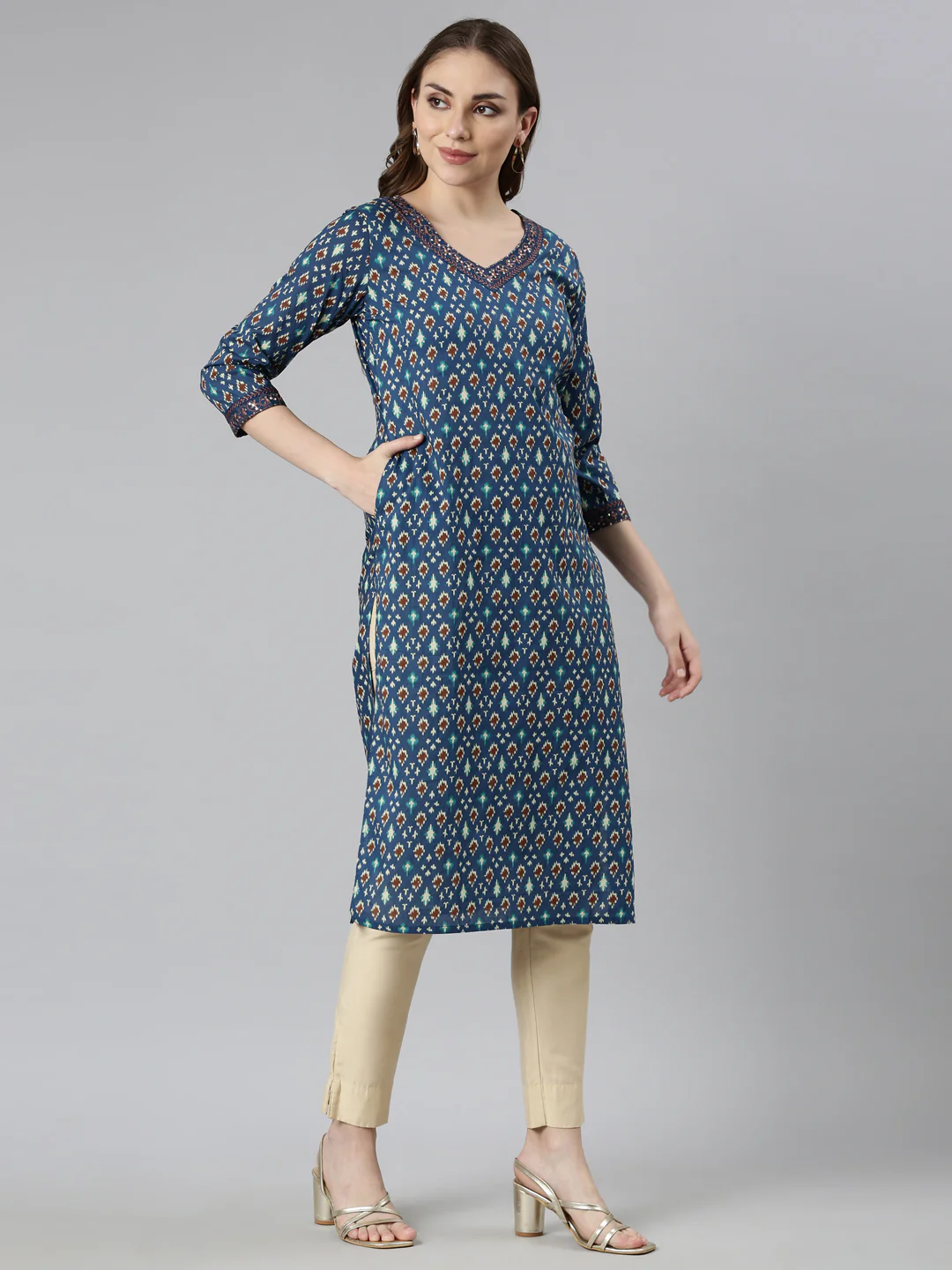 Neerus Blue Regular Straight Woven Design Kurta - Image 2